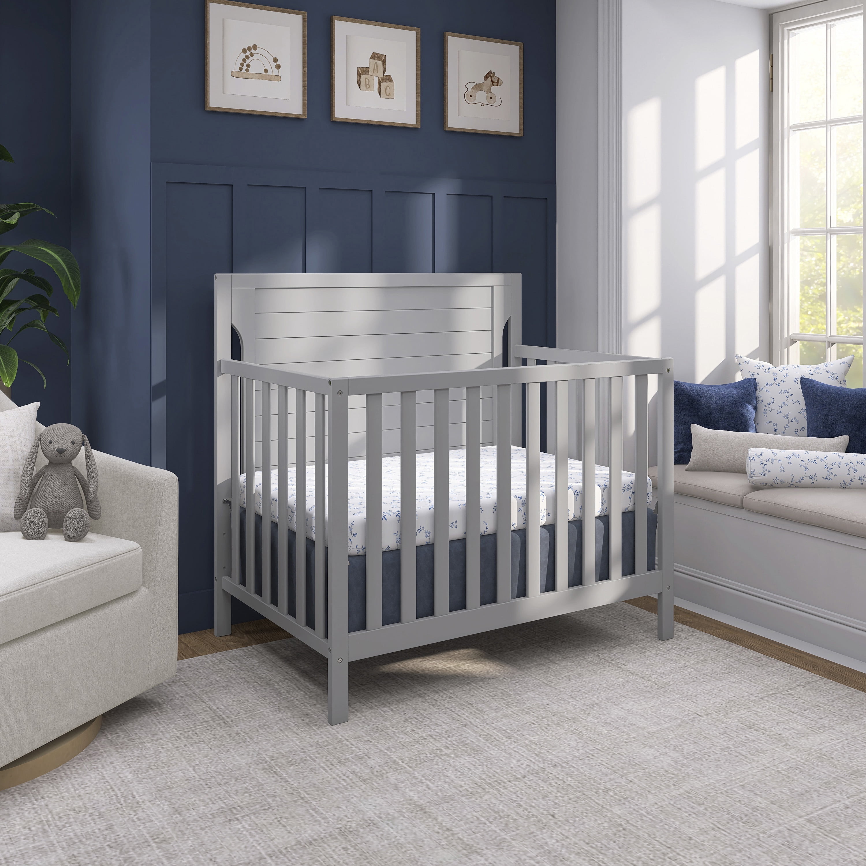 Dream On Me Bellport 4 in 1 Convertible Mini/Portable Crib in Pebble Grey, Non-Toxic Finish, Made of Sustainable New Zealand Pinewood, with 3 Mattress Height Settings