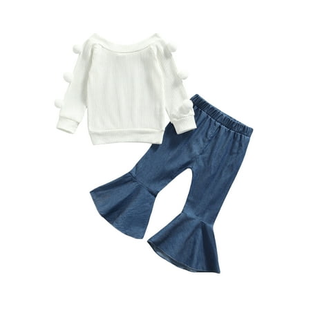 

Suanret 2pcs Kids Girls Fall Spring Clothes Solid Balls Long Sleeve Pullover Tops Denim Flare Pants Sets White 3-4 Years