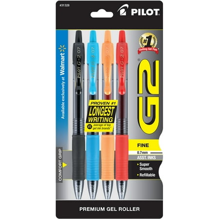 Pilot G2 Premium Retractable Gel Ink Rolling Ball Pens, Fine Point, Assorted Ink, 4-Pack (Walmart Exclusive Pack)