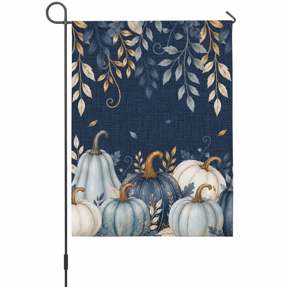 Thanksgiving Garden Flag 12 x 18 Inches, Fall White Blue Pumpkin Gold Leaf Rustic Navy Blue Weather Proof Outdoor Patio Flags Double Sided Small Garden Decoration for Yard Outside Home