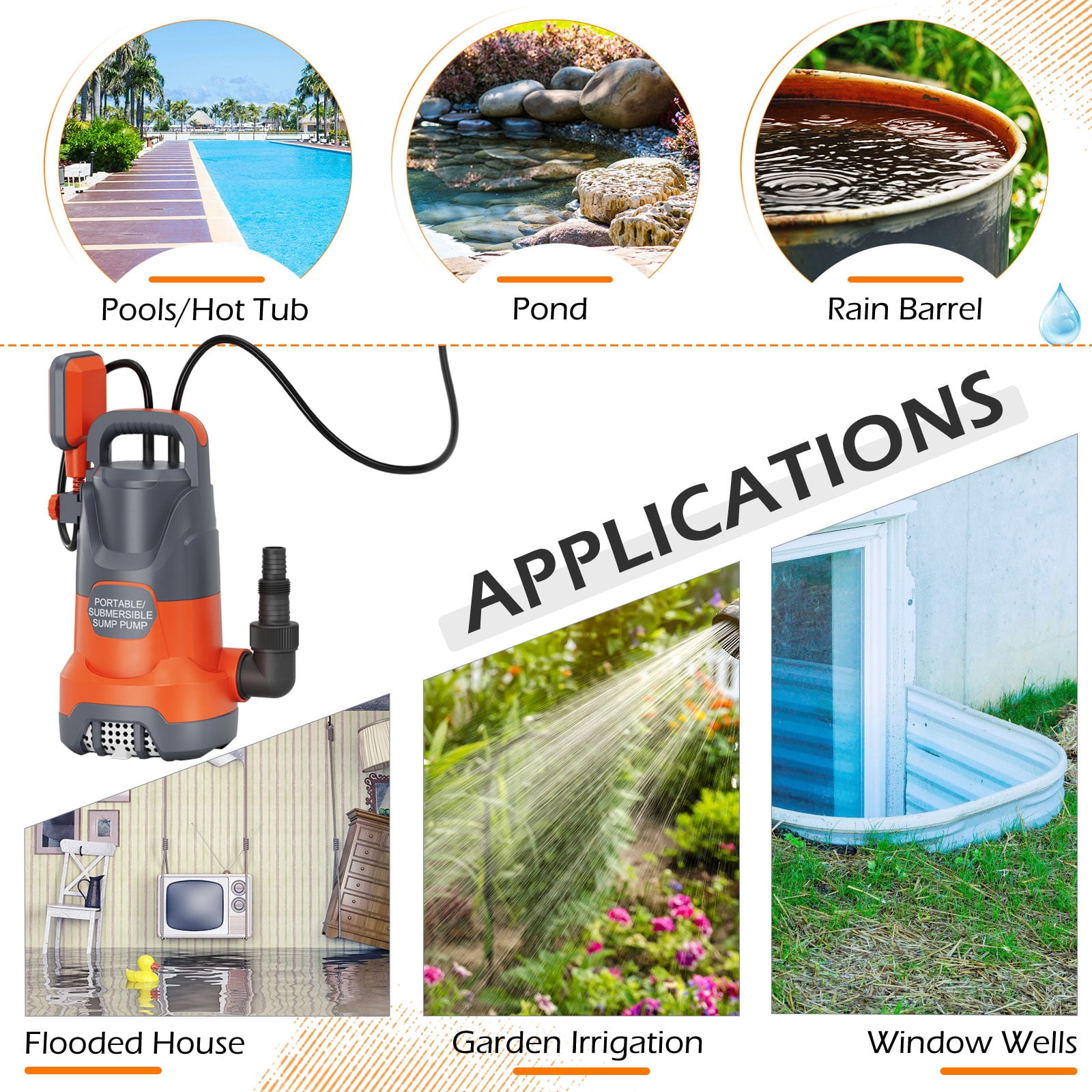 Sump Pump with Float Switch Submersible Water Pump Automatic 1.2HP 5000GPH Portable Dirty Clean Water Transfer Pump for Pool Draining Hot Tub Basement