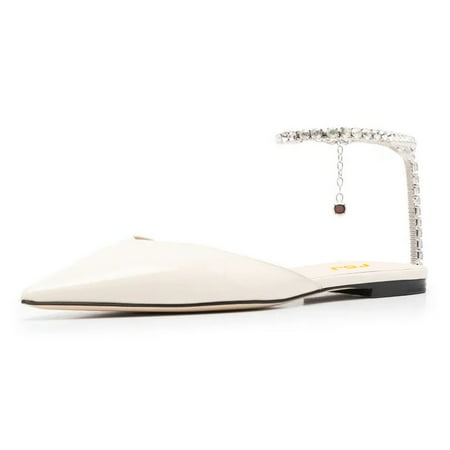 FSJ Women Comfortable Pointed Closed Toe D Orsay Ballet Flats Rhinestone Crystal Chain Ankle Strap Wedding Bridal Work Casual Dress Shoes Size 5 White