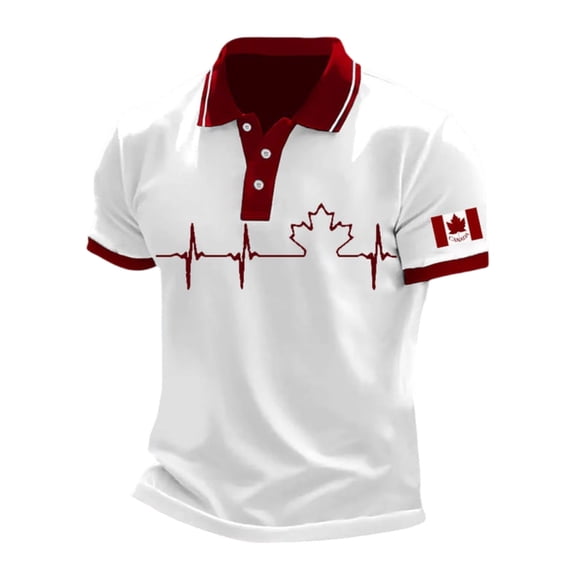 Men's Canada Flag Print Slim Fit Short Sleeve Casual Style Zip Polo Shirt,White,L