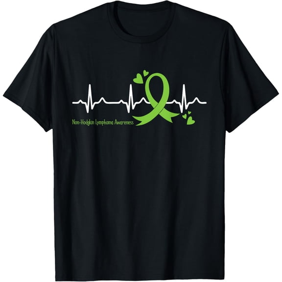 Heartbeat Lime Green Ribbon Non-Hodgkin Lymphoma Awareness T-ShirtMen's and women's gift, black and white T-shirt, size: Extra large S-4XL