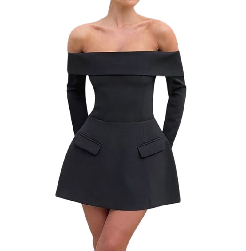 Women Mini Dress Off Shoulder Long Sleeve A Line Dress Short Formal Dresses Party Clubwear Black M