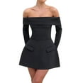 thumbnail image 2 of Women Mini Dress Off Shoulder Long Sleeve A Line Dress Short Formal Dresses Party Clubwear Black M, 2 of 9