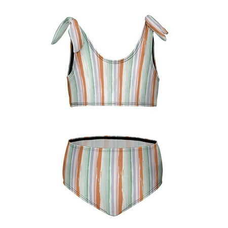 Minimalist Stripes Orange And Green Girl s 2 Piece Bikini Set Beach Sport Swimsuit Swimwear 6-7Y110cm