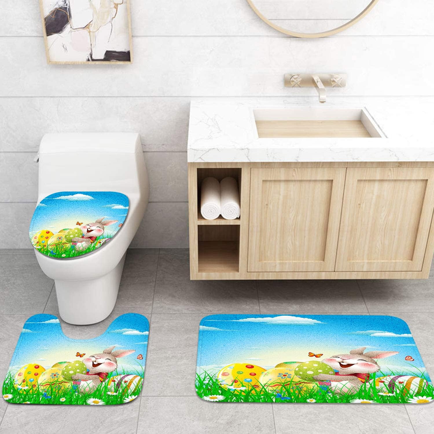 4 Pcs Shower Curtain Set Happy Easter Rabbit Bunny Pet Chocolate Cute with Non-Slip Rugs Toilet Lid Cover and Bath Mat Bathroom Decor Set 72 x 72 inch