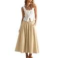 thumbnail image 2 of Uscallm Women Plus Size A-Line Pleated Flowy Midi Skirts Casual Boho Elastic Waist Basic Vacation Beach Skirt, Beige S, 2 of 5