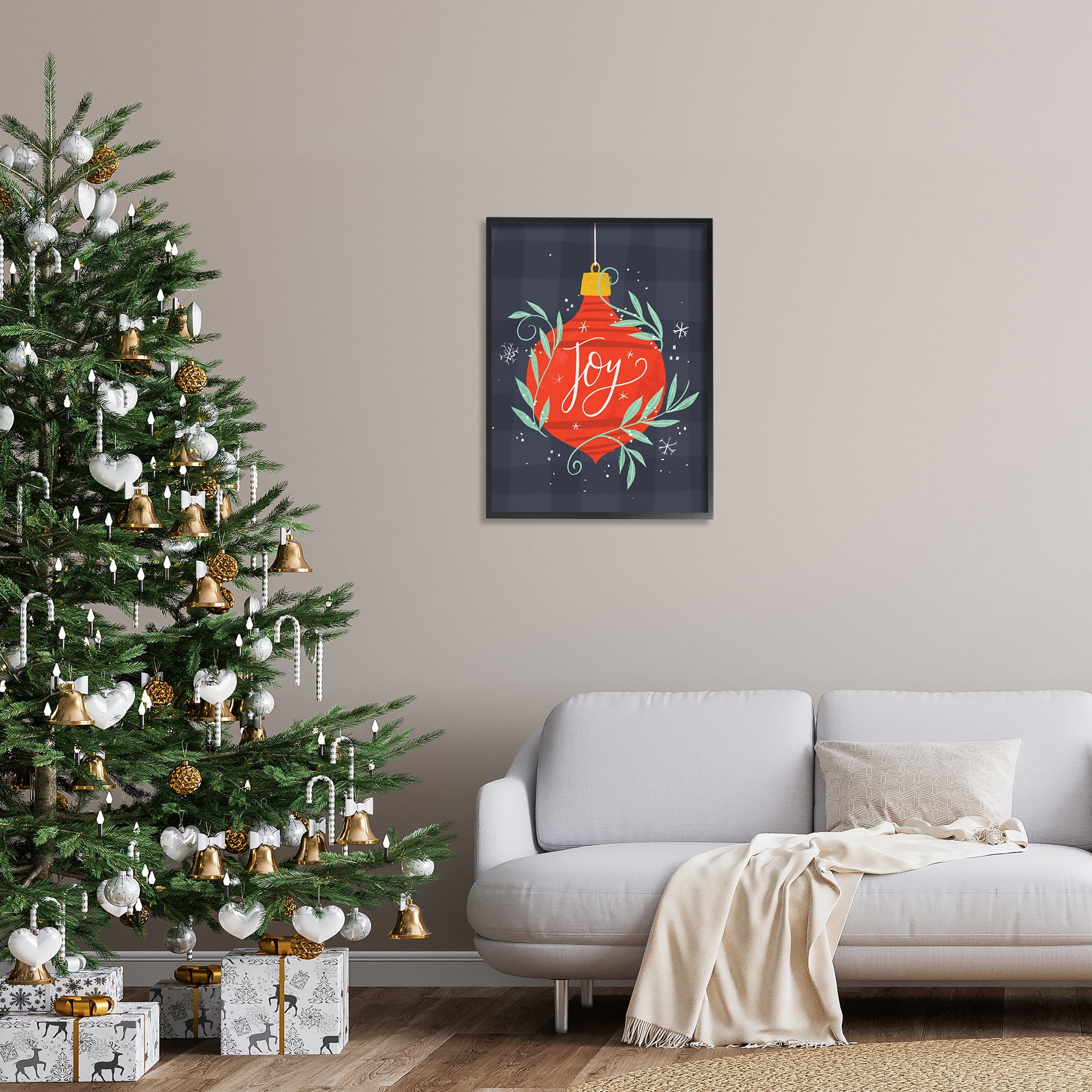 Stupell Indtries Joy Sentiment Festive Red Holiday Ornament Grey Plaid,24 x 30,Design by Loni Harris