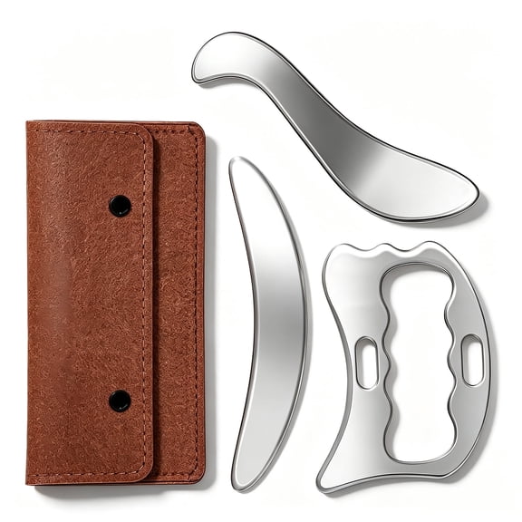 3-Piece Stainless Steel Gua Sha Muscle Scraper Tool Set with Storage Bag, Square, S-Shaped and D-Shaped Body Massage Tools for Arms, Legs, Neck, Shoulders and Back