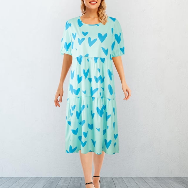 Vestido midi para mujer, estampado de corazón, cuello redondo, mangas abullonadas, vestido larg Abanopi Vestido de mujer
