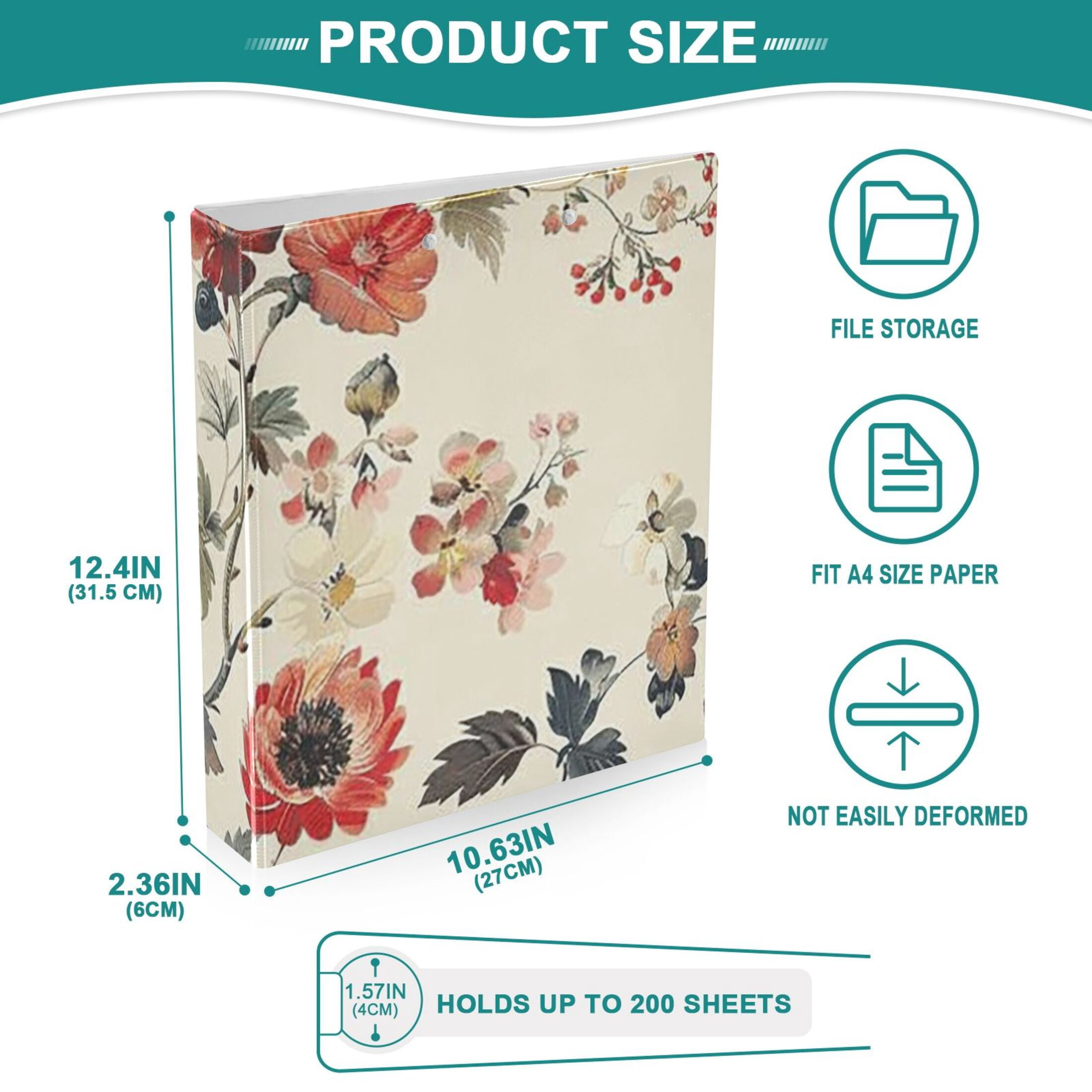 Boho Flowers 3 Ring Binders 1.5 inch Hardcover File Folders with Interior Pockets A4 Size Organizer for School Office Hospital