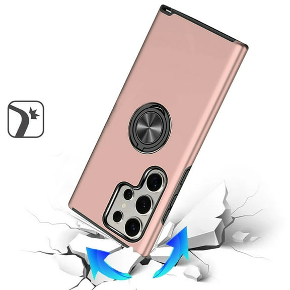 For Samsung Galaxy S25 Ultra Case, Hybrid 360 Degree Rotatable Metal Invisible Ring Stand Holder Slim Fit Magnetic Car Mount Shockproof Phone Cover (Pink)