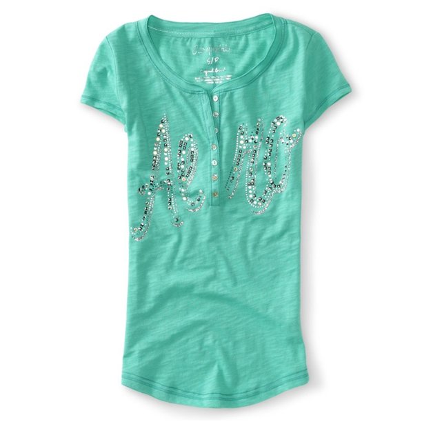 Camiseta henley Aeropostale de Manga corta con diamantes de imitación para mujer verde XS henley