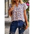 thumbnail image 4 of Blusa estampada para mujer Cuello en V Manga corta con volantes Cuello alto Blusa con volantes para mujer Top Beige S, 4 of 8