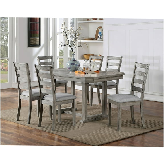JERFIT 7-Piece Dining Table Set with 6 Ladder Back Chairs, Gray Fabric Upholstered Seats, Rustic Farmhouse Kitchen Room Furniture