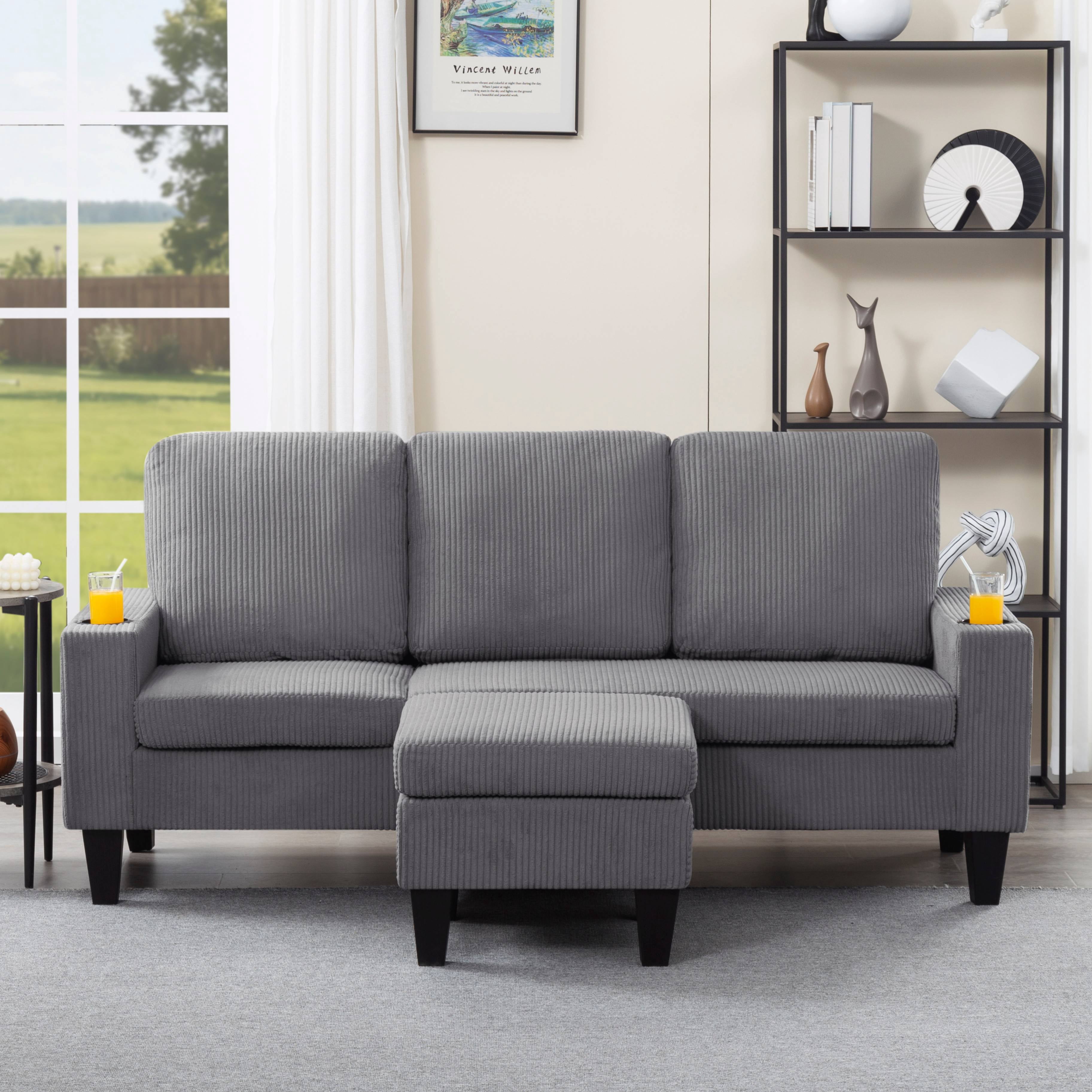 BSHTI 69.88 inch Modern Style Sectional L-Shaped Sofa Couch, 3-seater Sofa Couch with movable ottoman for Livingroom,Light Grey