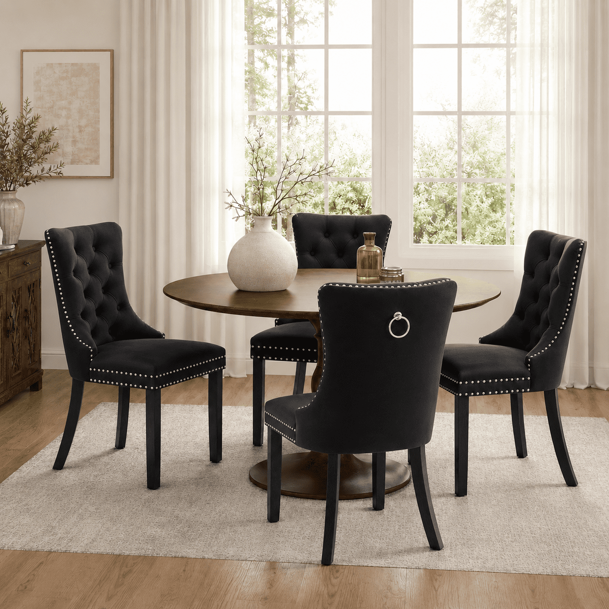 LegaHome Dining Chairs Set of 2, Velvet Upholstered Dining Chair with Nailhead Trim&Solid Wood Legs, Button Padded Dining Chairs Set for Kitchen Dining Room Living Room, Black