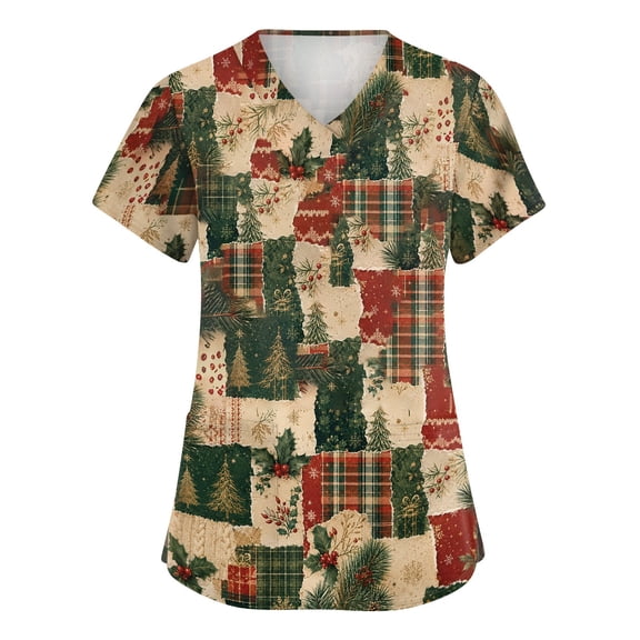 Zorvxlyn Christmas Scrub Tops Women Plus Size Stretchy Snowflake Print Nurse Uniform V Neck Short Sleeve Xmas Womens Scrubs with Pocket