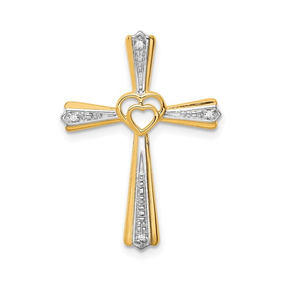 14k Two-Tone Gold Diamond Cross Pendant Charm, Polished Religious Jewelry
