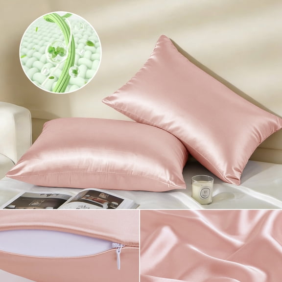 Pink Satin Pillowcase with Zipper Set of 2 Derived from Bamboo, Ultra Soft Satin Cooling Pillow Cases Standard Size, Breathable Pillow Covers for Hair & Skin