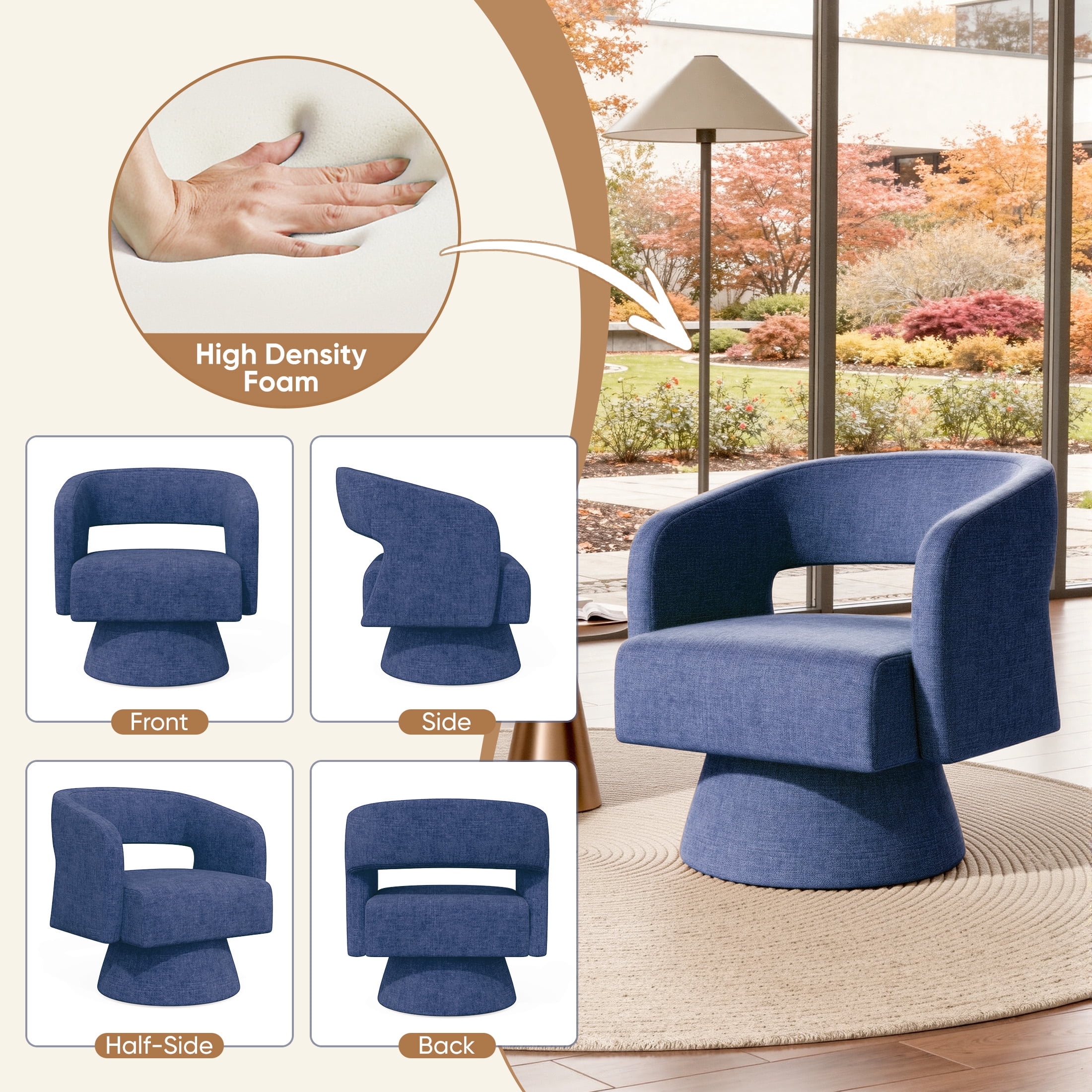 MOONMISS Oversized Chenille Swivel Barrel Accent Chair,Modern Comfy Round Arm Upholstered Armchair for Living Room,Blue
