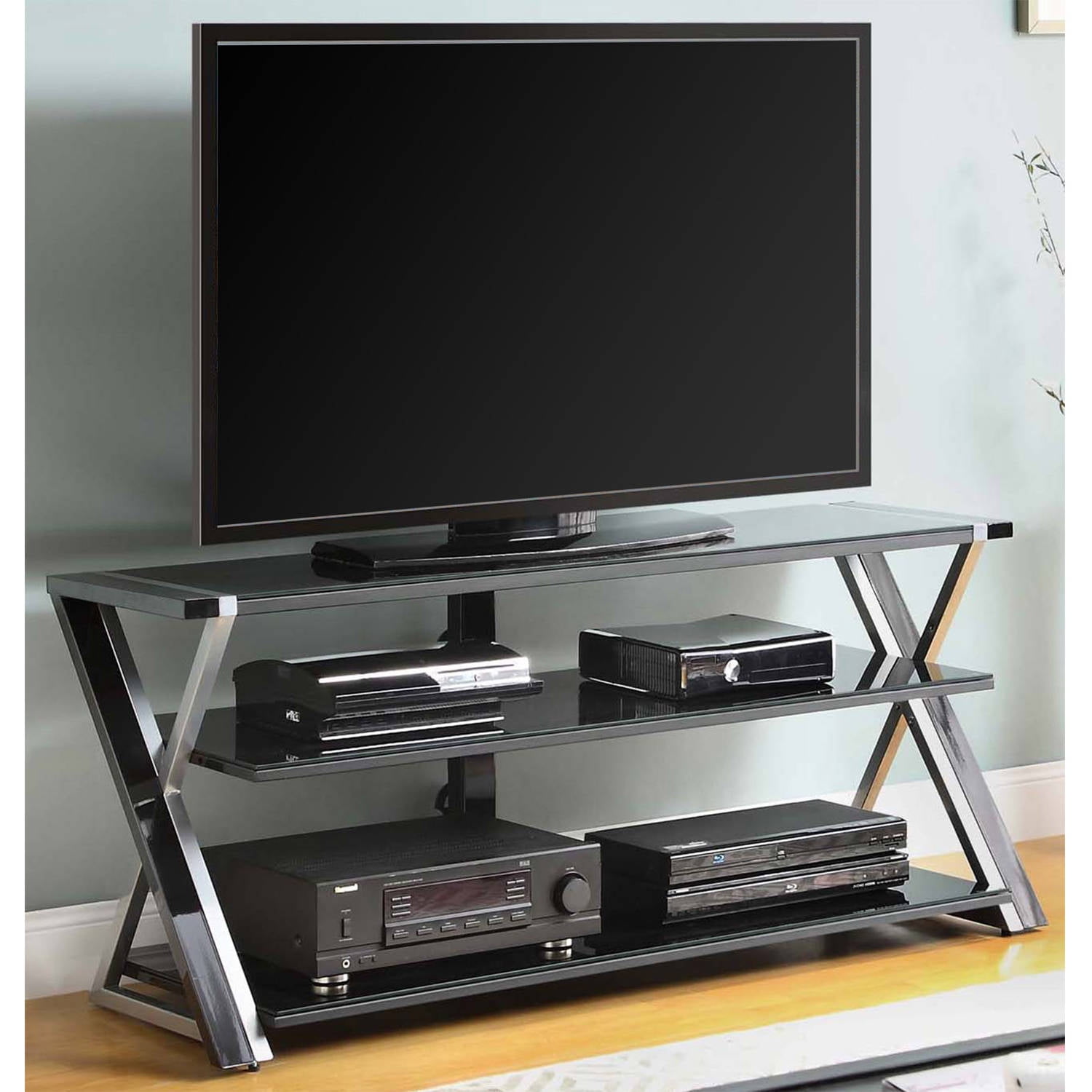 Whalen Furniture Black Tv Stand For 60 Flat Panel Tvs With Tempered