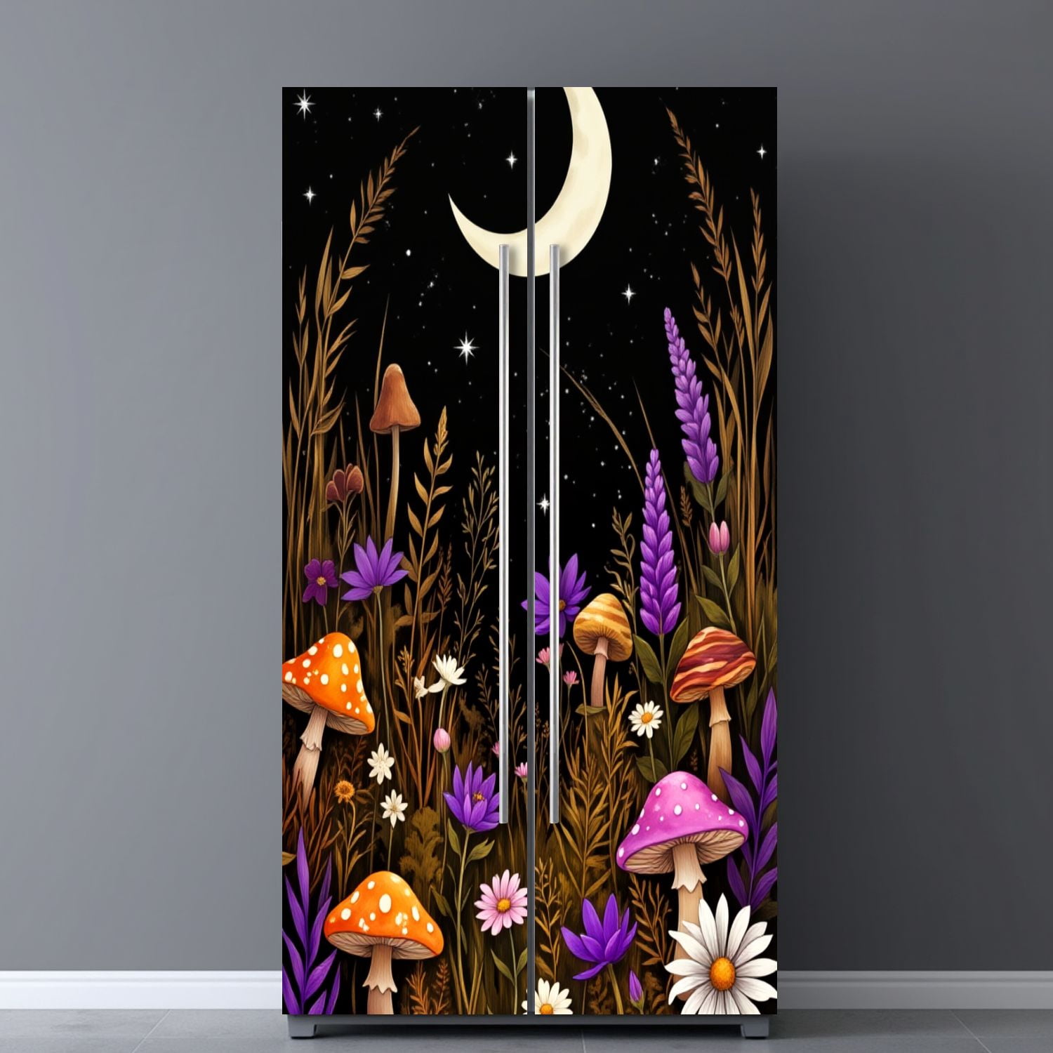 Self Adhesive Vinyl Refrigerator Wrap Set Magical Mushroom Forest Crescent Moon Starry Sky Botanical Door Mural Removable Fridge Sticker Peel and Stick&nbsp;Full Door Cover Decal Kitchen Bar Decor