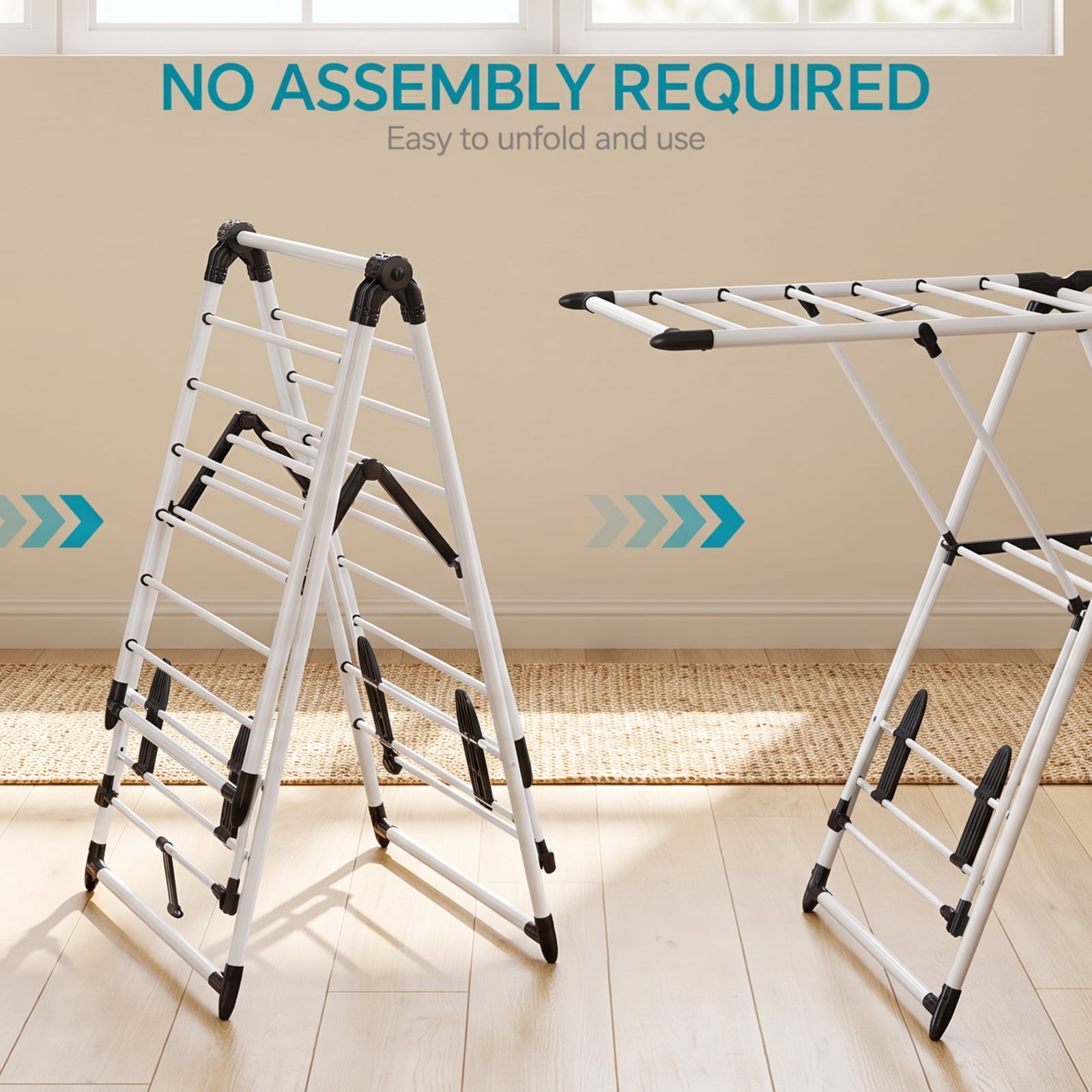 Fenbeli Foldable Clothes Drying Rack, 66 lb Capacity Steel Laundry Rack with Adjustable Wings and Sock Clips, Collapsible Indoor Outdoor Dryer Stand in White+Black