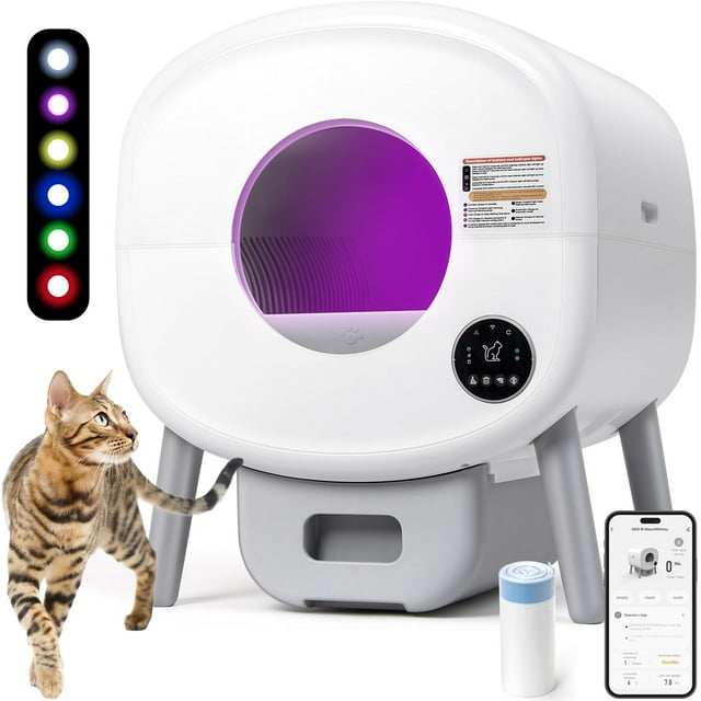 Caja de arena autolimpiante para gatos Fsitego: caja de arena automática extra grande para varios gatos, sin olor, controlada por aplicaciones, desechable de residuos con luz ambiental