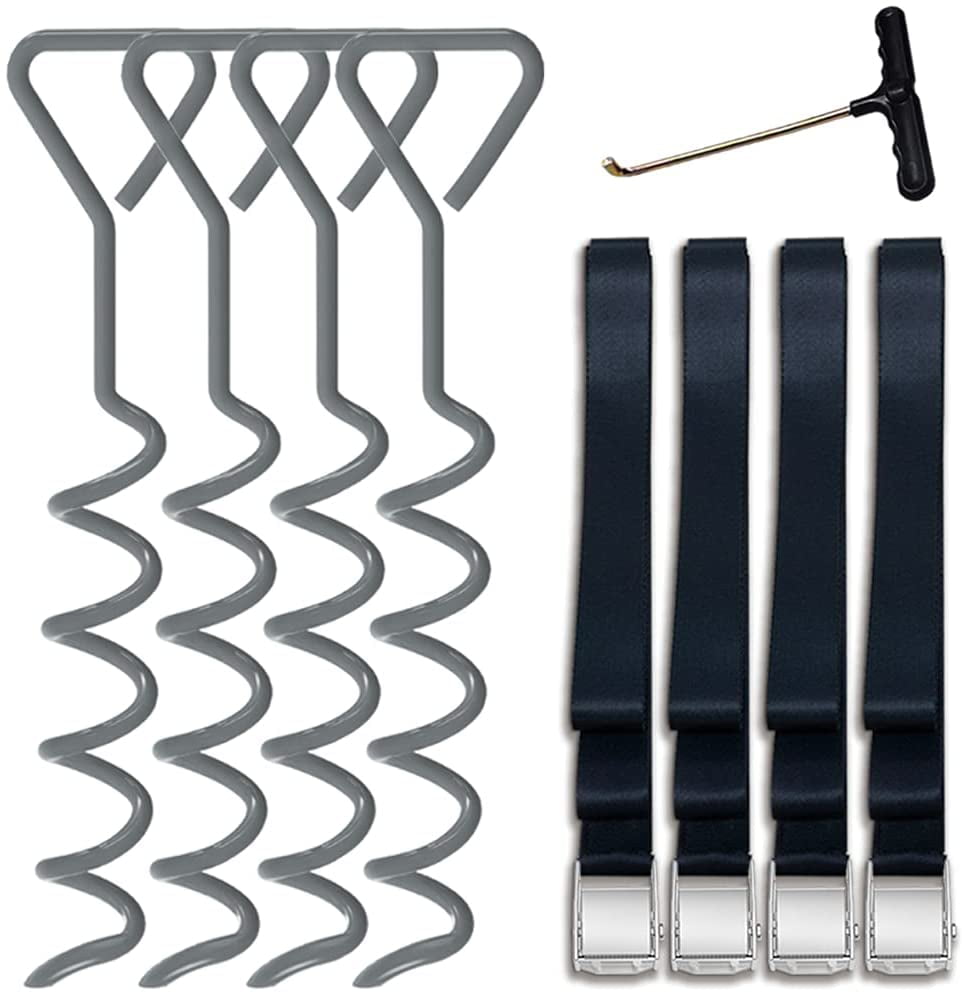 Eurmax Trampoline Stakes Heavy Duty Trampoline Parts Corkscrew Shape Steel Stakes Anchor Kit with T Hook for Trampolines -Set of 4