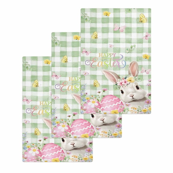 Sage Green Easter Kitchen Dish Towels for Drying Dishes Set of 3, Spring Easter Bunny Eggs Floral Plaid Waffle Weave Microfiber Hand Tea Bathroom Towels Quick Dry & Absorbent Towel 15.7x23.6