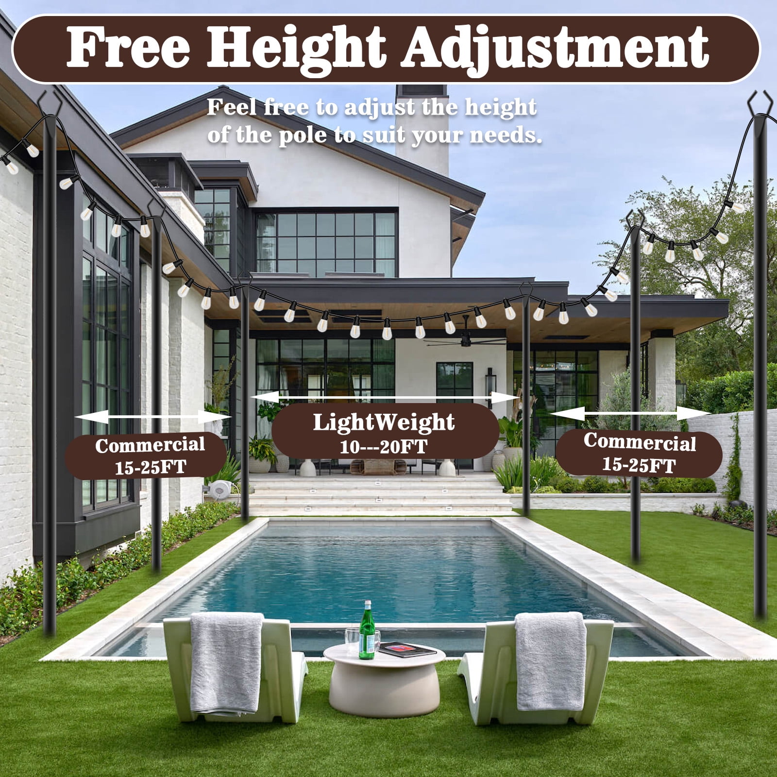 4Pack 10FT Outdoor String Light Poles with Fence Brackets, Heavy Duty Metal Light Stands for Outside Hanging String Lights, Weatherproof Deck Patio Backyard Garden Light Poles for Party Wedding Holi