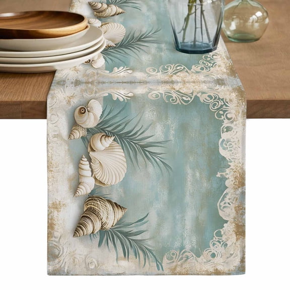 Teal Coastal Table Runner, Vintage Ocean Beach Shell Nautical Washable Cotton Linen Table Runners 48 Inches Long, Dresser Scarf Runner for Nightstand/Coffee/End Tables 13''x48''
