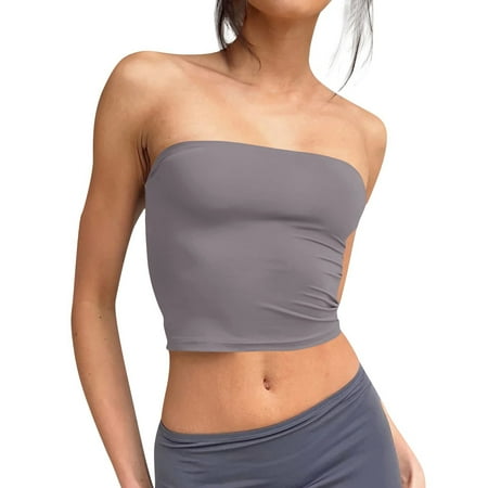 Kopltyrfg Women s Double Layered Basic Casual Strapless Backless Bandeau Bra Tube Top Light Gray L