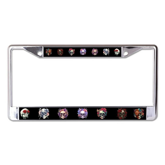 212 Main LPO7987 6 x 12 in. Skulls & Flowers Chrome License Plate Frame