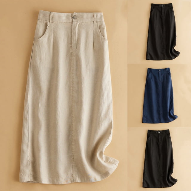 HVOBTTY Womens Summer A Line Casual Solid Color A Line Versatile Stretch Daily Matching Midi Skirt Navy, M