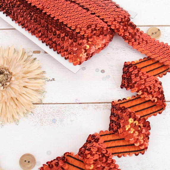 Threadart Stretch Sequin Trim Roll - 1.5" Wide 11yd Length - Orange - Available in 18 Colors - 2 Widths