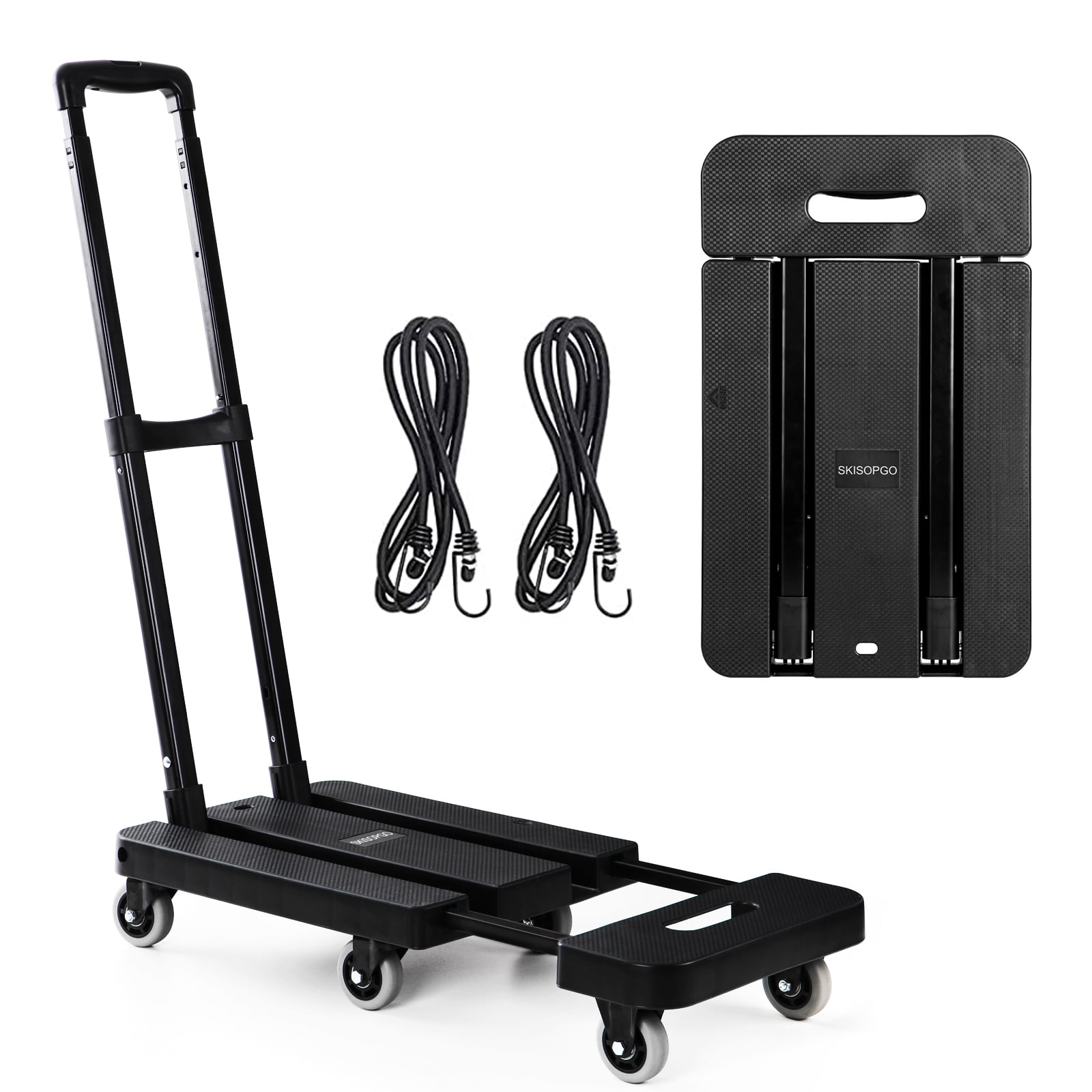 Utility Dolly Platform Cart with 4 Rotate Wheels and 2 Elastic Ropes for Moving Travel Shopping Office Use Black 130 lbs Capacity Portable Luggage Cart Folding Hand Truck 