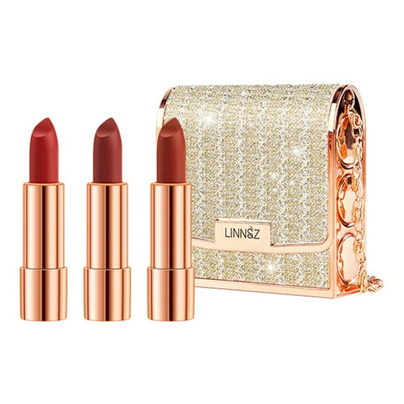 Matte Lipstick Set 3 Colors Lip Stick with Sliver Chain Bag Package Velvet Lip stick Set Waterproof Non-Stick Cup Long Lasting Retractable Red Lipstick Set 3.5gx3 Pcs