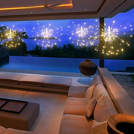 Hanging Decorative Lights,120 Led Firework Lights Battery Powered, Tent Chandelier Remote Control, Waterproof Starburst Lights for Gardens Courtyards Porches Christmas Party Decorations, Warm White