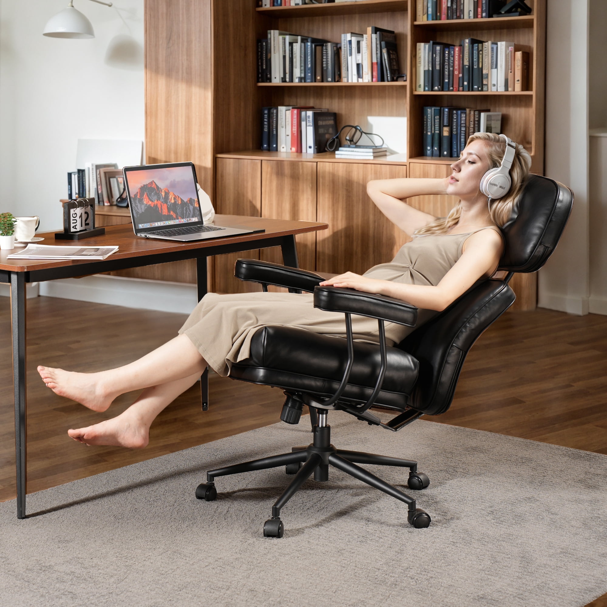 Toject Ergonomic Office Chair, High Back Comfy Home Office Chair with Lumbar Support, Mid-Century Modern Computer Executive Desk Chair with Thickened Cushions (PU Leather, Black)