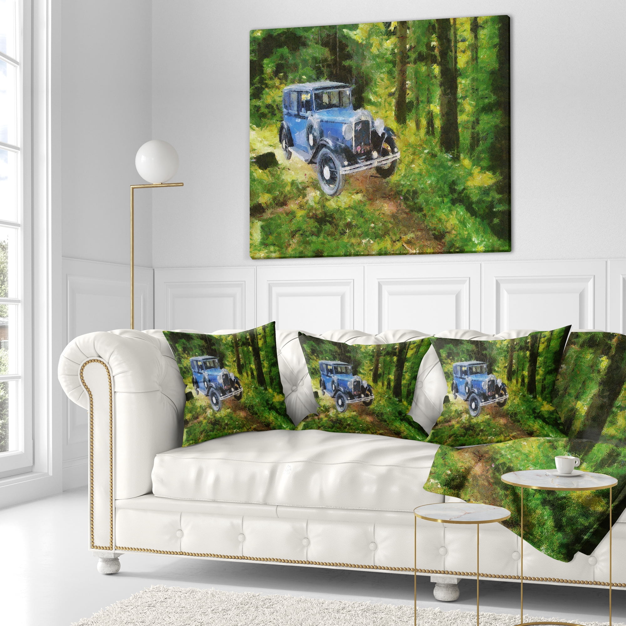 Designart Blue Vintage Car Oil Painting - Car Throw Pillow - 18x18