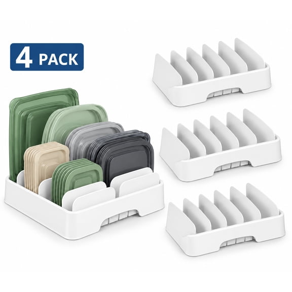 Rongsi 4pcs- Food Container Lid Organizer for Kitchen Cabinet Storage with 5 Adjustable Dividers, 13.4"L x 10.5"W x 3.3"H, Large Classic Edition, White