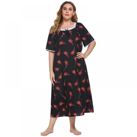 

Women Nightgown Flowers Printed Long Nightdress Spring Autumn Loungewear Casual Sleepwear Short Sleeve Lace Collar Over Knee Dress Large Size Homewear
