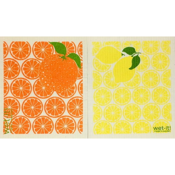 Wet-It! Swedish Treasures Dishcloth & Cleaning Cloth - Set of 2 - Oranges & Lemons (Paper Towel Replacement)