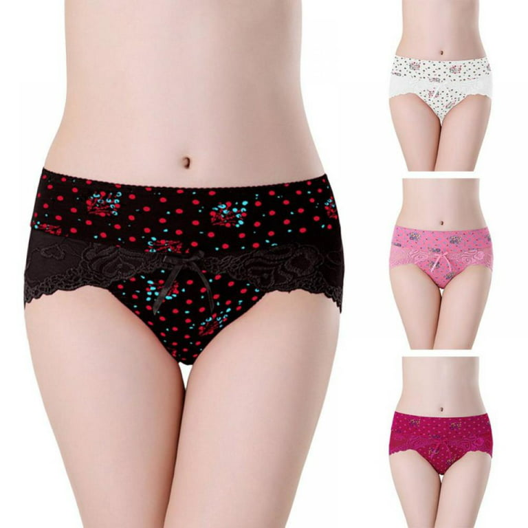 2-Pack Women Mid Waist Printed Lace Panties Modal Cotton Breathable Soft  Briefs Underwear Full Coverage Stretch Underpants