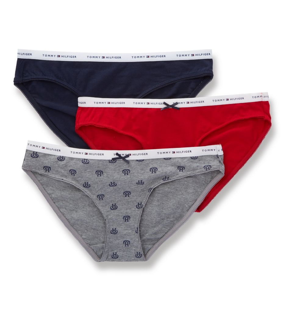 size M TOMMY HILFIGER 3pk Women's HIPSTER Briefs Knickers Navy/Grey/Red
