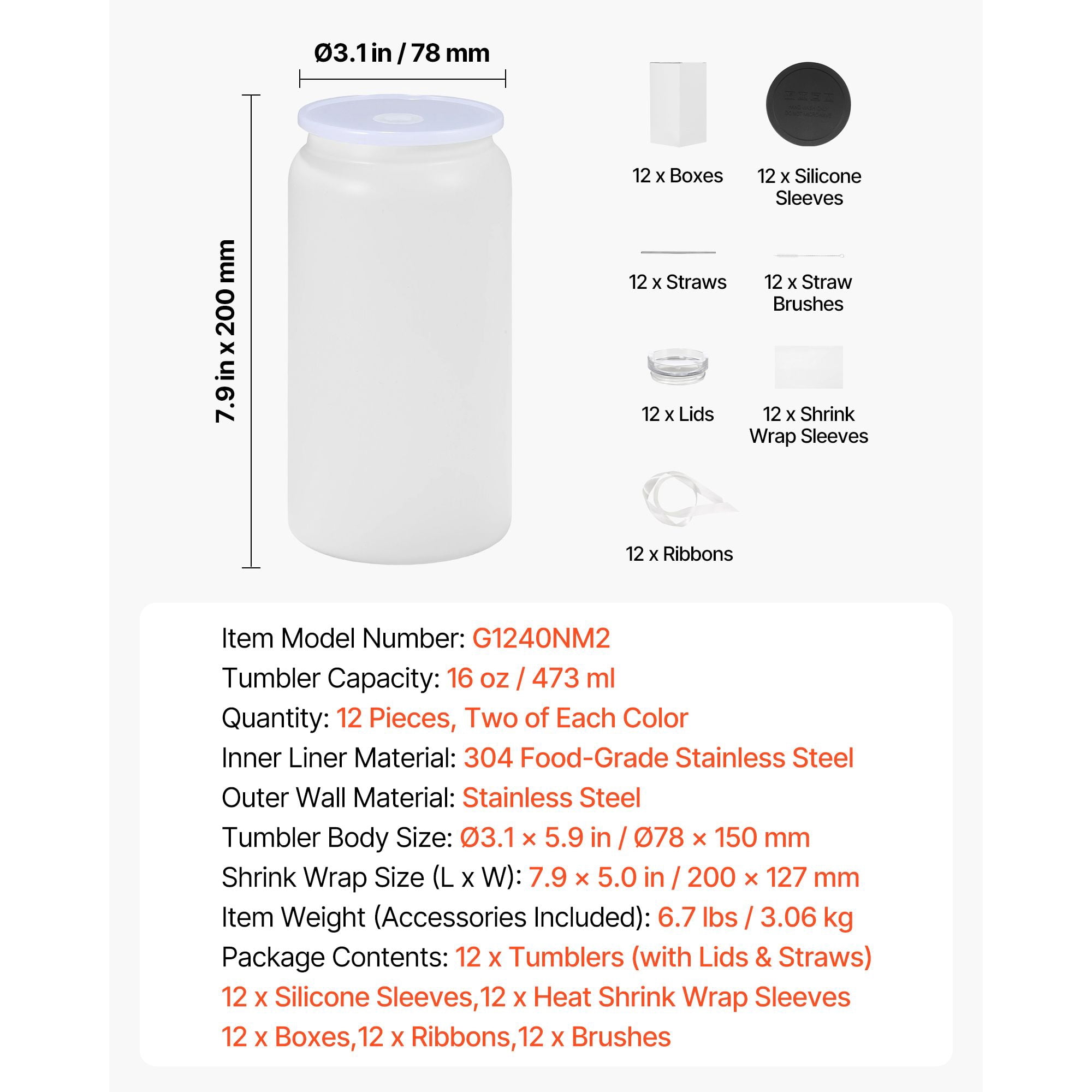 Sublimation Tumbler Bulk 6-Pack, 304 Stainless Steel, 12oz, Auto-Spray Coating, with Lids Straws, for DIY Personalized Cups